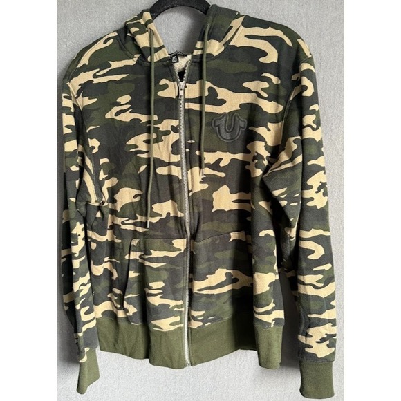 True Religion Hoodie Men XL Camo  Full Zip Logo Pockets Sweatshirt Jacket Casual - Picture 1 of 16